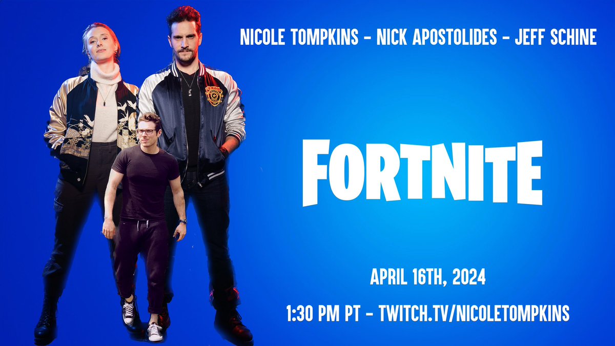 Didn’t have a photo of the three of us …so I improvised. Graphic design is my passion. Tomorrow @JeffSchine @Nik_apostolides and I will be playing some Fortnite live on stream if you want to come watch the chaos unfold. Twitch.tv/nicoletompkins Tuesday 1:30 PM PT