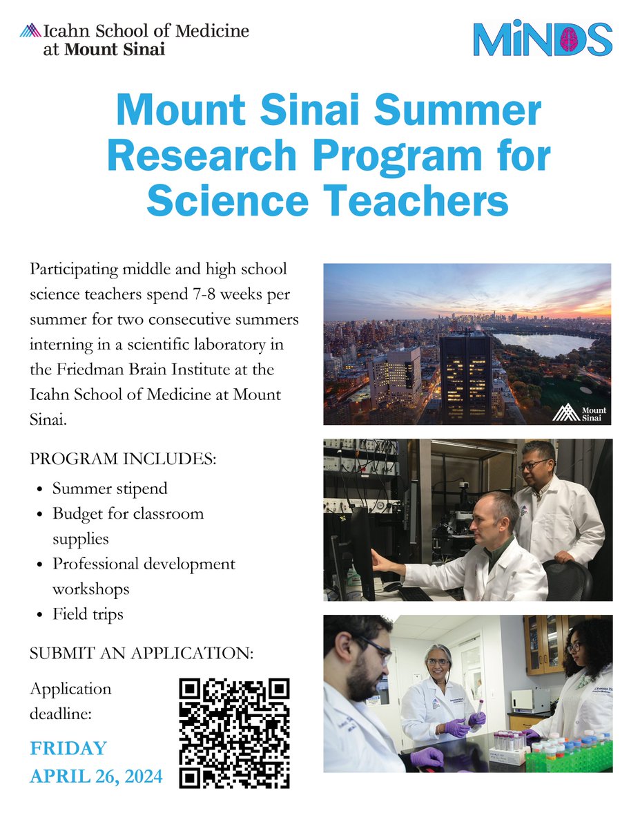 Friedman Brain Institute (@sinaibrain) on Twitter photo 📣Calling NYC science teachers! INTERESTED in hands on research experience in a biomedical science lab? JOIN <a href="/MountSinaiNYC/">Mount Sinai Health System</a>’s Summer Research Program for Science Teachers!
✨Summer stipend
✨Budget - classroom supplies
✨Professional dev workshops
DETAILS👉tinyurl.com/2szapupb 📣Calling NYC science teachers! INTERESTED in hands on research experience in a biomedical science lab? JOIN <a href="/MountSinaiNYC/">Mount Sinai Health System</a>’s Summer Research Program for Science Teachers!
✨Summer stipend
✨Budget - classroom supplies
✨Professional dev workshops
DETAILS👉tinyurl.com/2szapupb