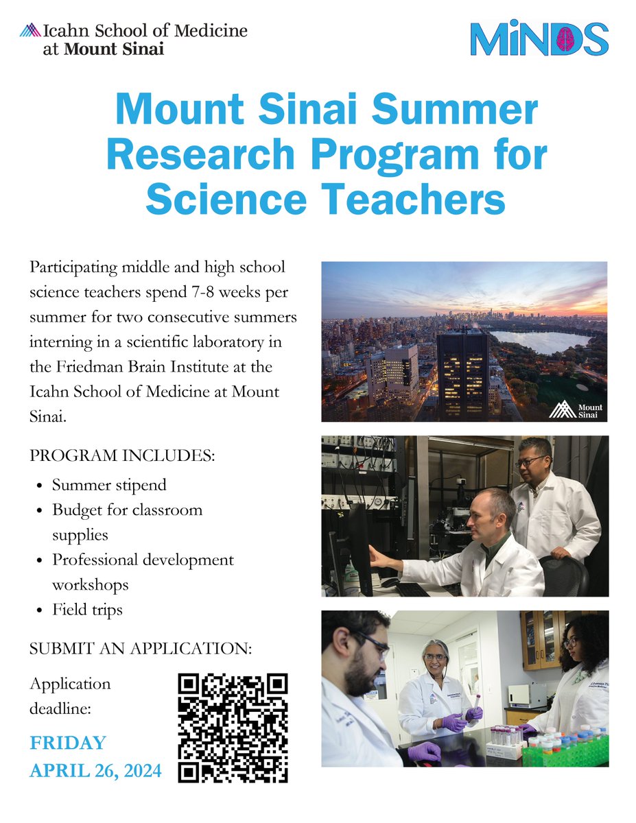 📣Calling NYC science teachers! INTERESTED in hands on research experience in a biomedical science lab? JOIN @MountSinaiNYC’s Summer Research Program for Science Teachers! ✨Summer stipend ✨Budget - classroom supplies ✨Professional dev workshops DETAILS👉tinyurl.com/2szapupb