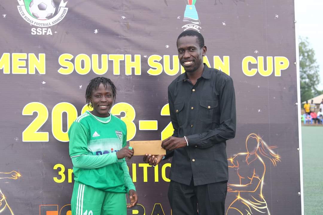 Our Captain Mary Dawa MARKO picking her player of Match award from the SSFA National Team Manager