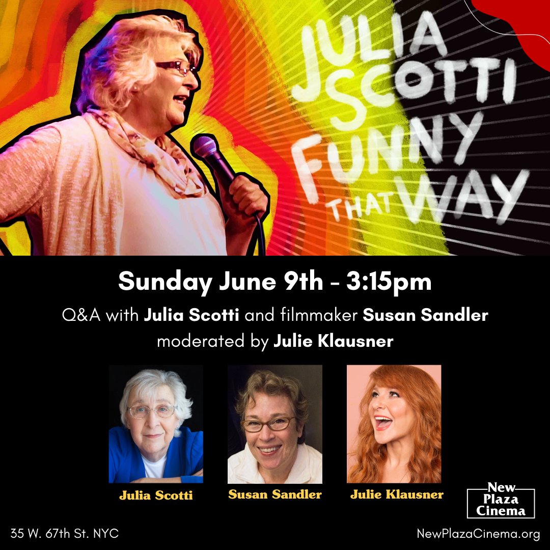 Just announced! Julia Scotti will join us for JULIA SCOTTI: FUNNY THAT WAY — Sun June 9th 3:15pm at <a href="/NewPlazaCinema/">New Plaza Cinema</a>

Julie Klausner moderates a Q&amp;A also featuring filmmaker Susan Sandler! 

Get tickets now!

ticketing.useast.veezi.com/purchase/1312?…
