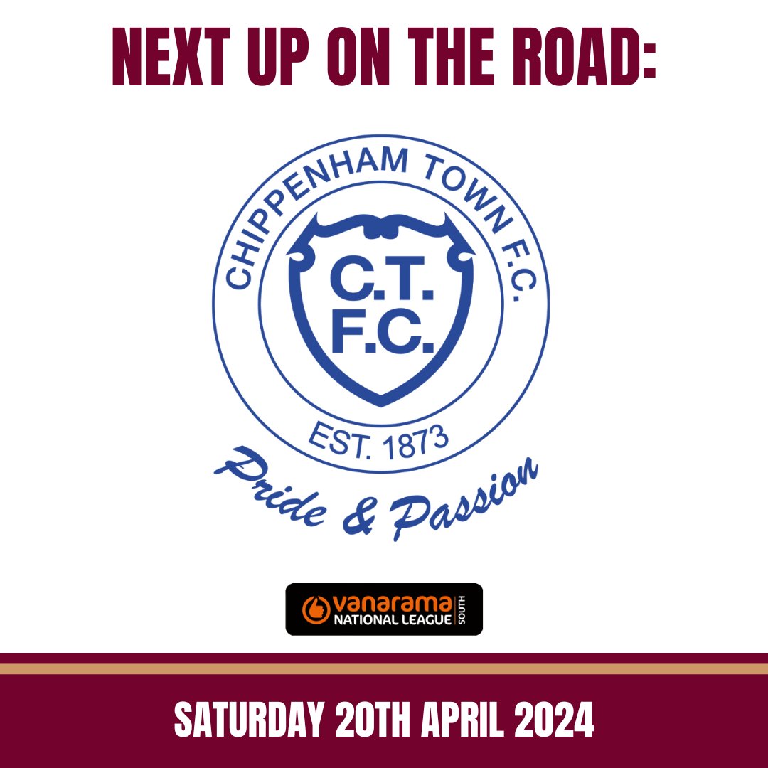 𝗟𝗔𝗦𝗧 𝗚𝗔𝗠𝗘 𝗕𝗘𝗙𝗢𝗥𝗘 𝗣𝗟𝗔𝗬𝗢𝗙𝗙𝗦 🤩 We make the trip to @ChipTownFC this Saturday, in our final game of the season before we begin our playoff campaign! 👀 Who is joining us at Chippenham? 👇 #ClaretsTogether