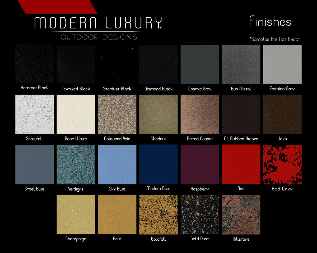 2024 Color Chart!

#moderndesign #luxurylifestyle #outdoorfurniture #luxurylifestyle #luxuryfurniture #modernoutdoors #firepit #patiofurniture #patiodesign #patiodecor #furnituredesign #powdercoat #powdercoating