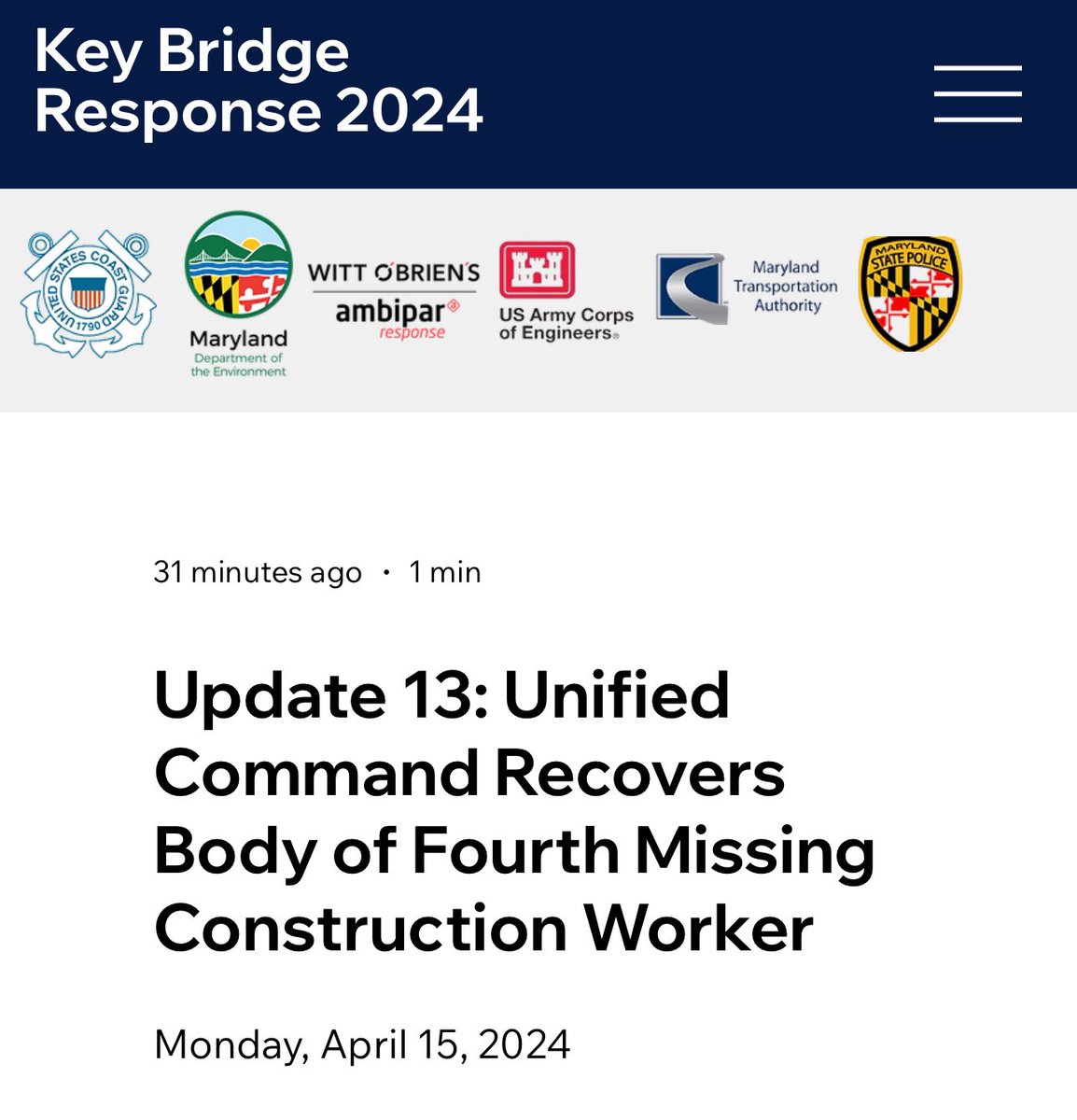 The #KeyBridgeNews Unified Command reports that salvage teams have recovered a fourth missing construction worker. More info: keybridgeresponse2024.com/post/unified-c…