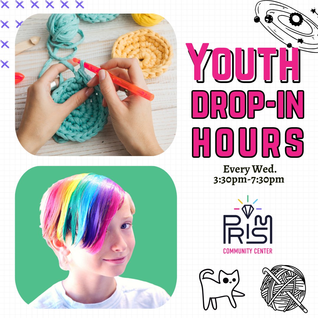 This Wednesday for Youth drop-in hours we'll have crochet supplies available and someone to help you learn!🧶🌈Or, use our computers, read a book, play games, enjoy a quiet corner... it's up to you!⁠🎮 ⁠
.⁠
#PrismYouthDropIn #PrismCenter ⁠