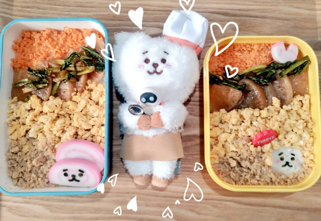 お久しぶりのお弁当２つ🍱
RJ(もどき)を覗かせてみた🤭
青菜がなかったのでカブの葉で代用

#シェフRJ
 #ウット #우떠 #wootteo