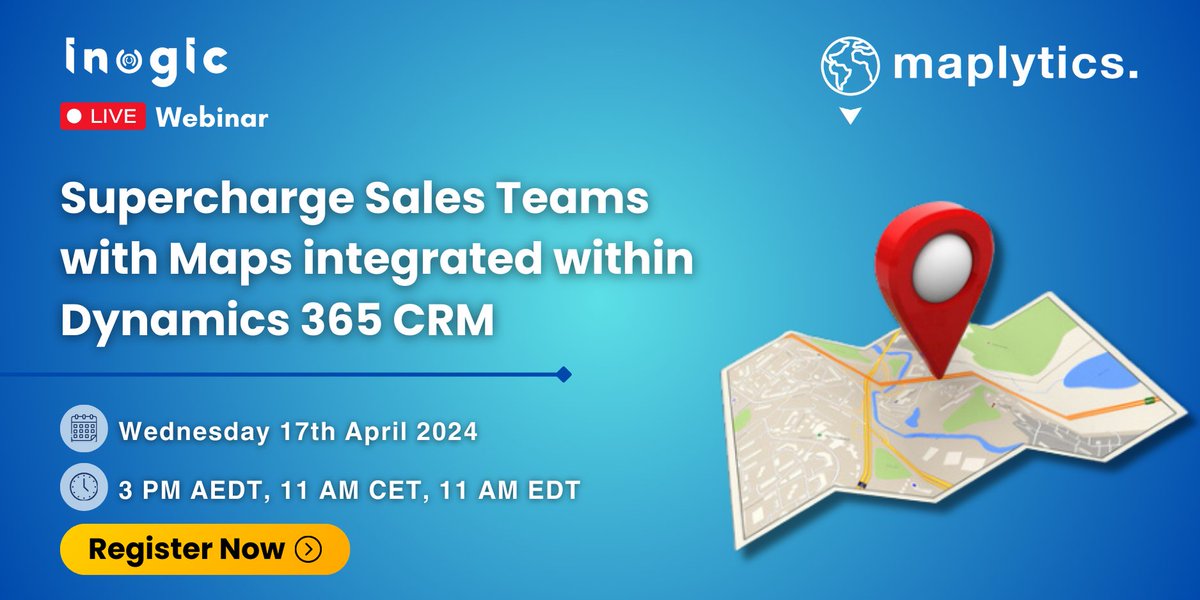 inogic's tweet image. Boost Sales Efficiency with #LocationIntelligence!
#Maplytics optimizes workflows &amp;amp; saves time in your #Dynamics365CRM. 
Register To Know More - bit.ly/47z4GU5

#webinar #MSDyn365 #Dynamics365 #Microsoft #territorymanagement #routeoptimization #Dynamics365Partner