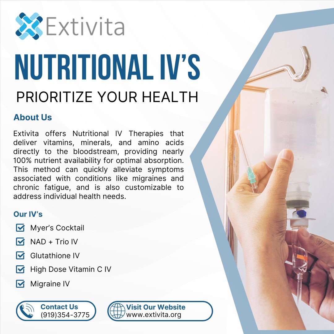 🌟 Unlock your full health potential with Extivita's Nutritional IV Therapies! Direct nutrient delivery means you get maximum absorption, helping tackle ailments like migraines and fatigue. 💉🍃 

👇Ready to feel your best?
zurl.co/Abev 

 #IVTherapy  #RDU