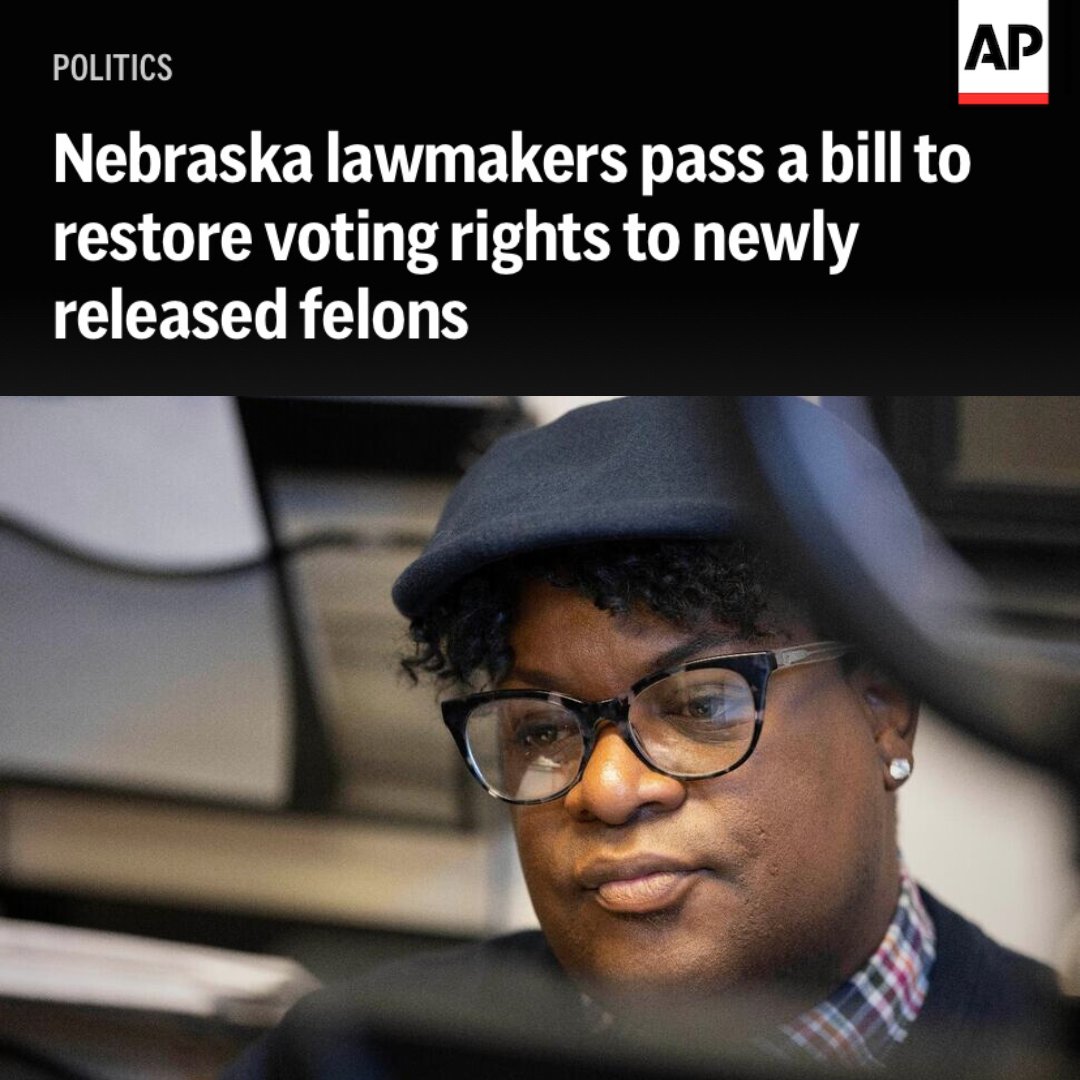 Disenfranchising voters who have been incarcerated is a long standing voter suppression tactic. With the bill Nebraska lawmakers passed last week, THOUSANDS of Nebraskans are one step closer to having their voting rights more easily restored. 🙌🏽🗳️