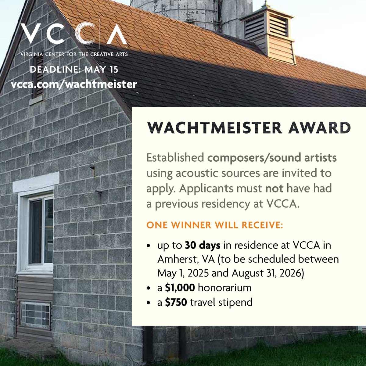 We're one month out from our next application deadline! Apply by May 15, 2024, to be considered for: 🧡 Winter 2025 residencies at Mt. San Angelo in Virginia 🧡 2025 Wachtmeister Award for Music Composition View Open Applications: vcca.slideroom.com