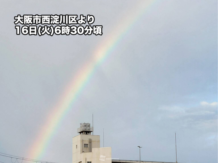 【大阪で朝虹】 今朝は北陸や東海、近畿、中国四国のところどころで雨が降っています。雨の降っているすぐそばで日差しが届き、大阪など関西では朝から虹が見られました。 今日は大気の状態が不安定で、このあとも急な雨や雷雨、突風や雹(ひょう)などに注意が必要です。 weathernews.jp/s/topics/20240…