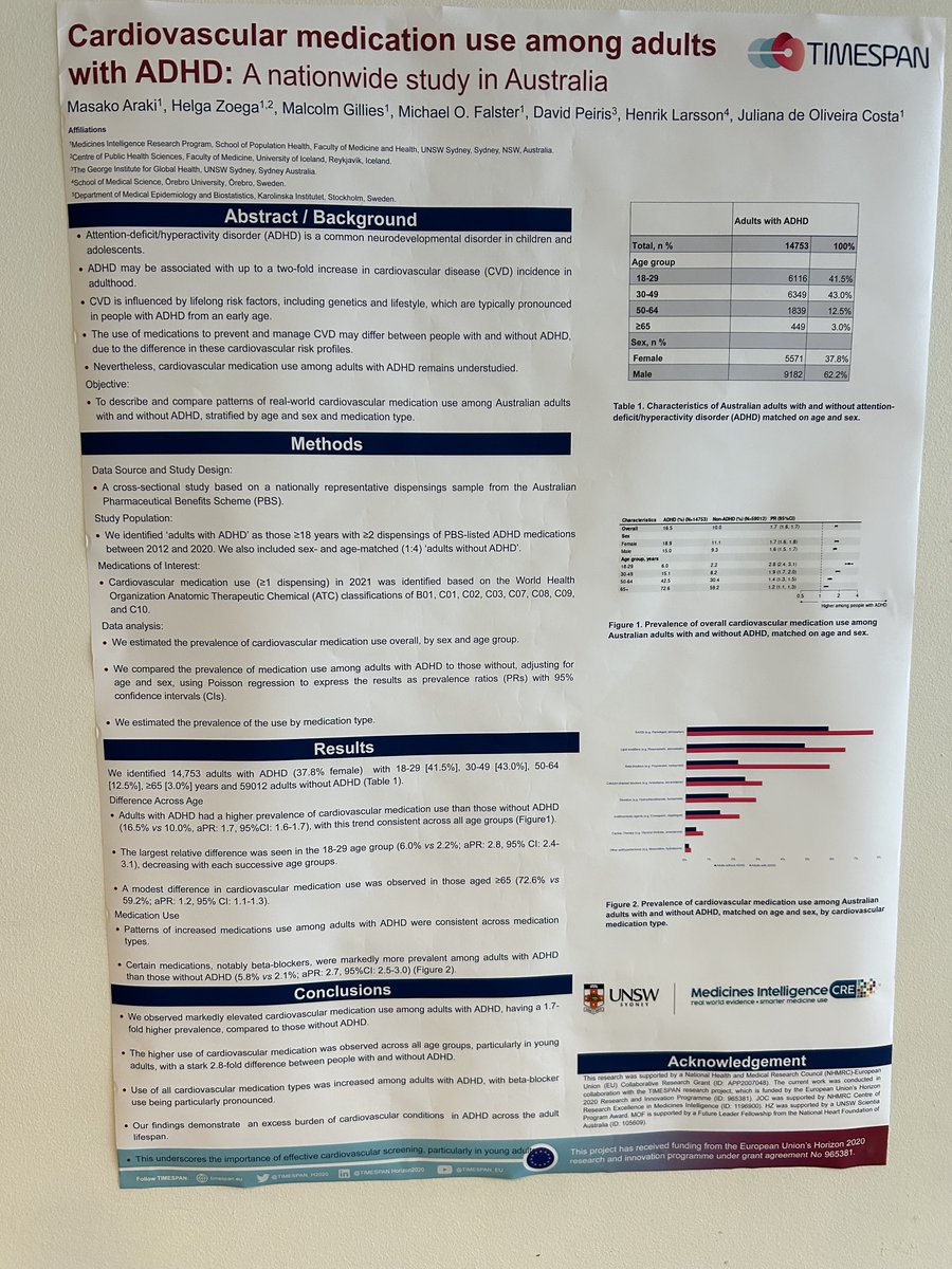 Amazing! My supervisor @HelgaZoega presented a poster @TIMESPAN_H2020 conference in Copenhagen, showcasing our findings from my MPH thesis @UNSW on the link btw #ADHD and cardiovascular medication use in adulthood. Huge thanks to @MedIntelCRE! Can't wait to publish our work🥰