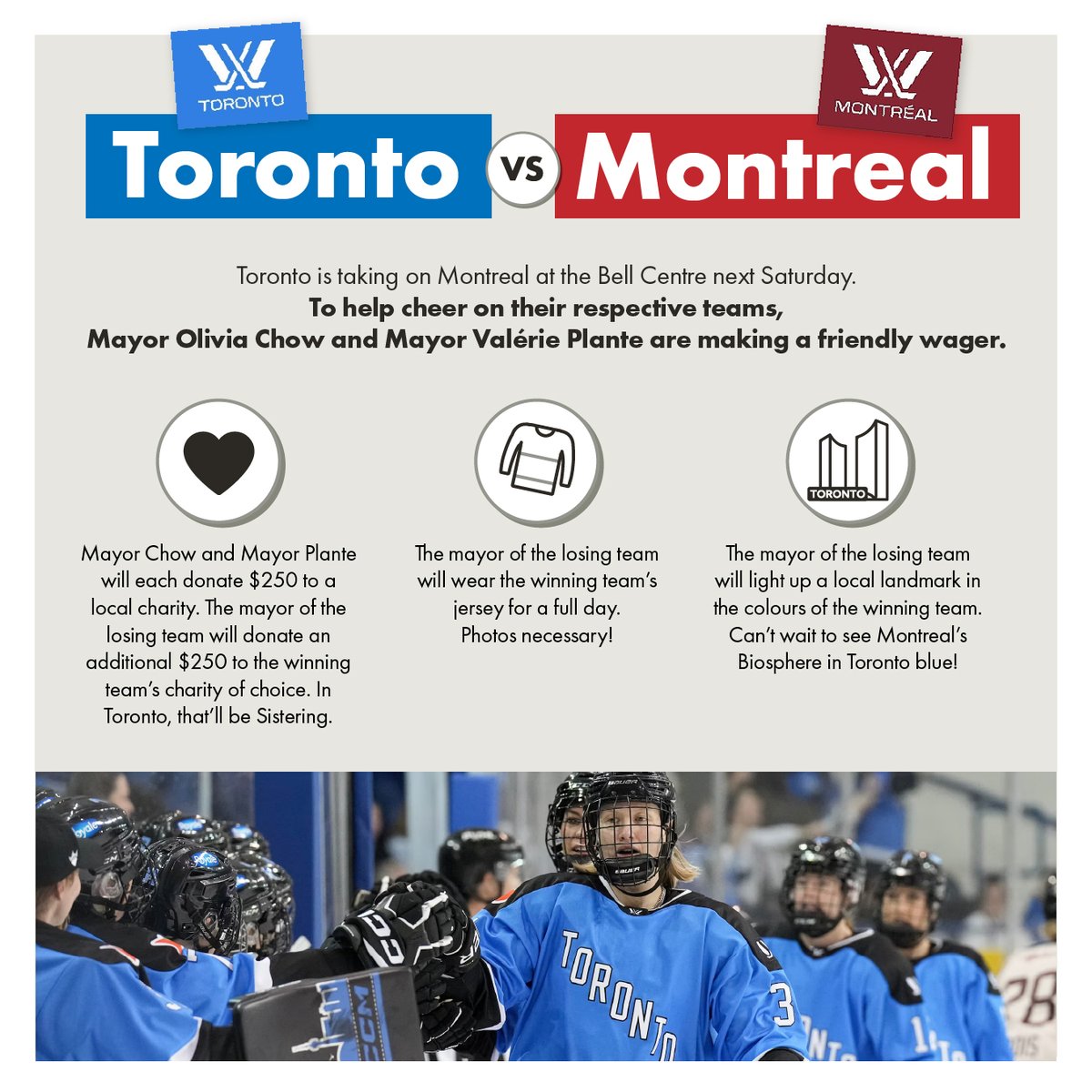 Nothing like a little friendly rivalry in sports. To cheer on @PWHL_Toronto as they take on @PWHL_Montreal at the Bell Centre this weekend, Mayor @Val_Plante and I are making a friendly wager. Let's go Toronto!