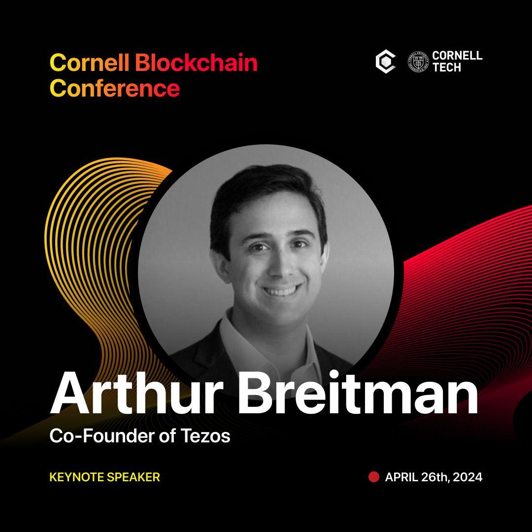 Thrilled to welcome <a href="/ArthurB/">Arthur B.</a>, creator of <a href="/tezos/">Tezos</a> to Cornell Blockchain Conference 2024 as Keynote Speaker! 

Join us this April 26th to hear Arthur’s insights on building the decentralized future and the transformational power of #Tezos!

🎟️ Tickets: bit.ly/buy-cbc24-tick…