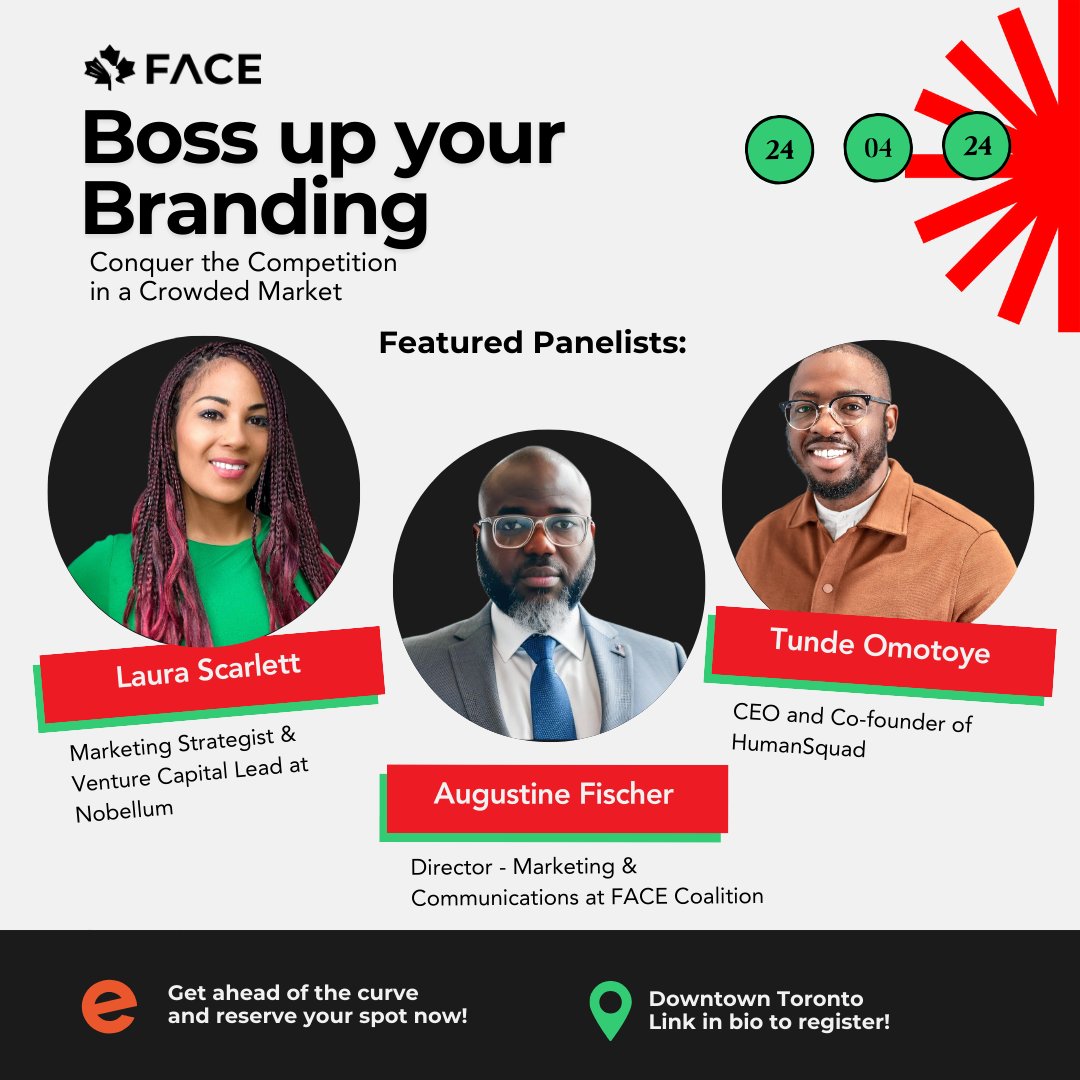 🌟 Meet our dynamic panelists for 'Boss Up Your Branding' event! Secure your spot now. eventbrite.ca/e/boss-up-your… #Entrepreneurship #Branding #Blackbusiness #Marketing #Blackentrepreneur #Blackbusinessowner #Networking #Networkingevent #FACEevent