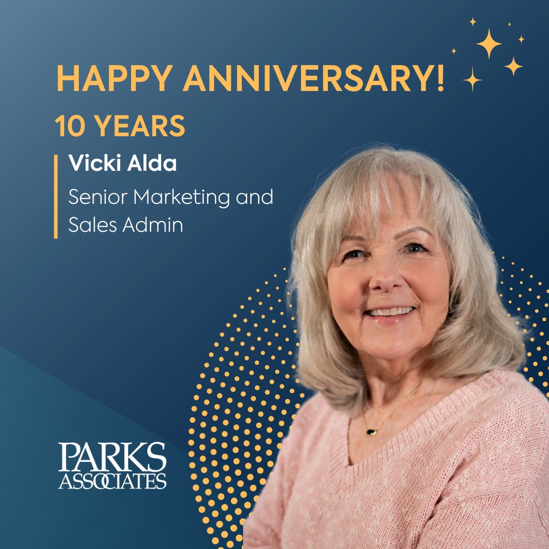 Join us in celebrating our Senior Sales and Marketing Admin, Vicki Alda as she marks a decade at Parks Associates. 💪 Her dedication and expertise have been a true asset to the team. Congratulations, Vicki! #ParksAssociates #10years #10YearAnniversary