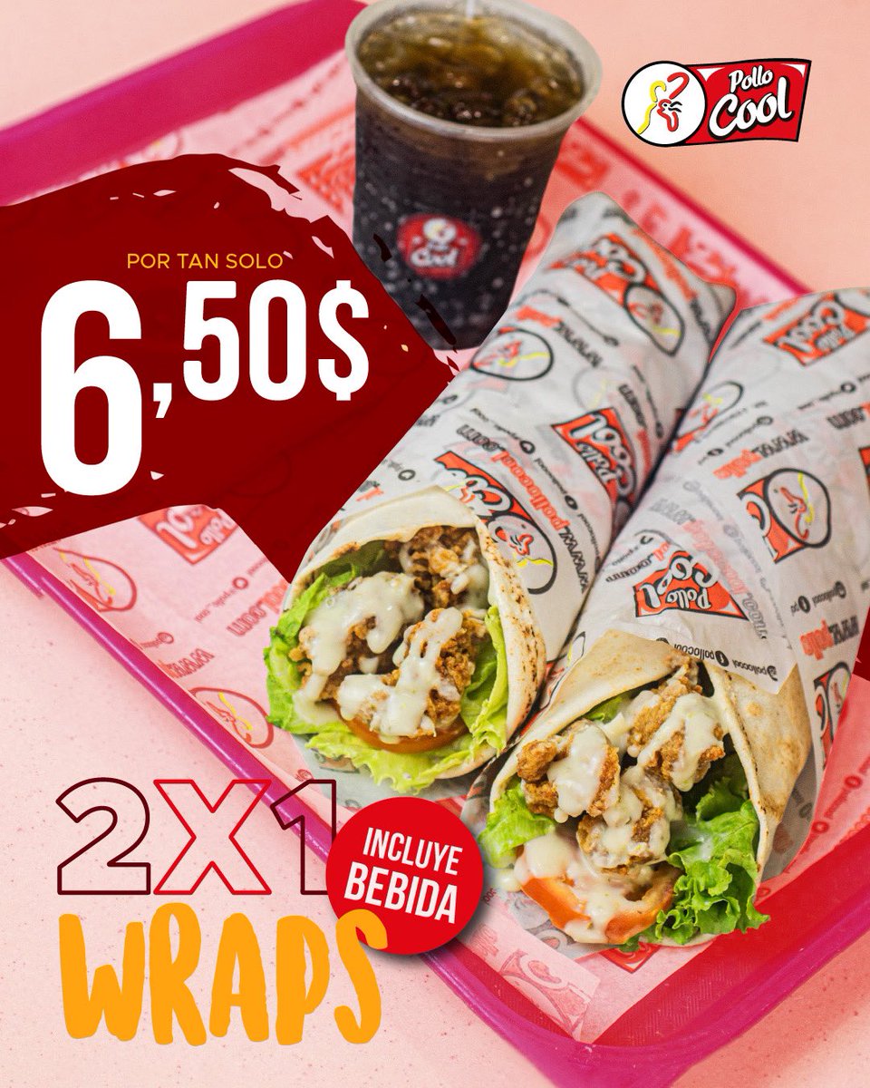 pollocool_'s tweet photo. ¡Nuestro clásico 2x1 Wraps! 😮‍💨🤤🌯

Nuestro Wraps son una autentica delicia, son full pollo crispy, vegetales frescos y nuestras deliciosas salsa de la casa , te resuelven el desayuno, almuerzo y cena.¿Ya los probaste? https://t.co/Y6LzbYOXXa