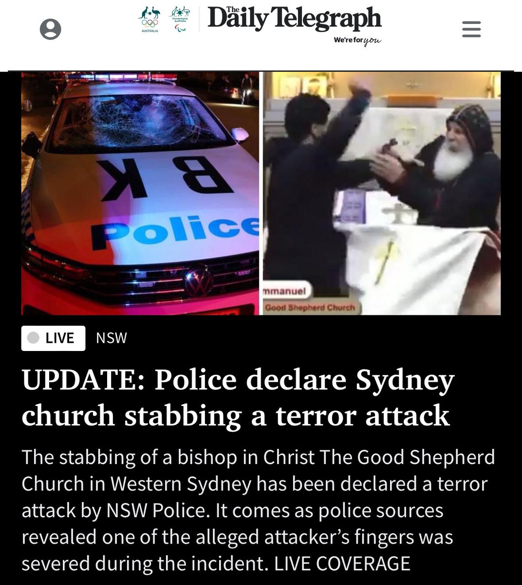 The stabbing of a bishop in a Sydney church declared a terror attack by NSW Police. dailytelegraph.com.au/news/nsw/wakel…