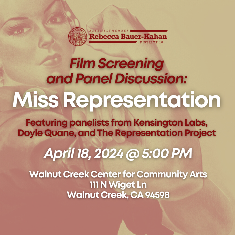 This Thursday, I'll be hosting a special film screening of First Partner @JenSiebelNewsom's 'Miss Representation' and a special panel discussion in Walnut Creek! You can RSVP here: lcmspubcontact.lc.ca.gov/PublicLCMS/rsv…