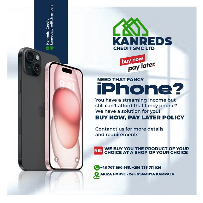 Don't worry anymore u can now get that fancy iPhone you dreamt about and pay later this is only done by the #KanredsCredit ✍️