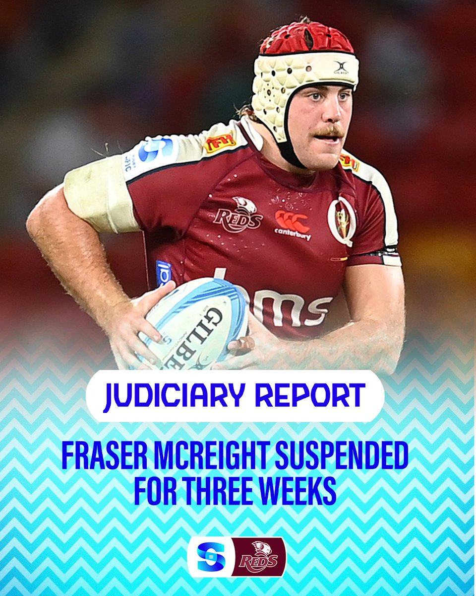 SuperRugby's tweet photo. JUDICIARY UPDATE: Tate McDermott and Fraser McReight have been suspended for three weeks following red cards against Moana Pasifika in #SuperRugbyPacific round 8. https://t.co/w9zfr3iUov
