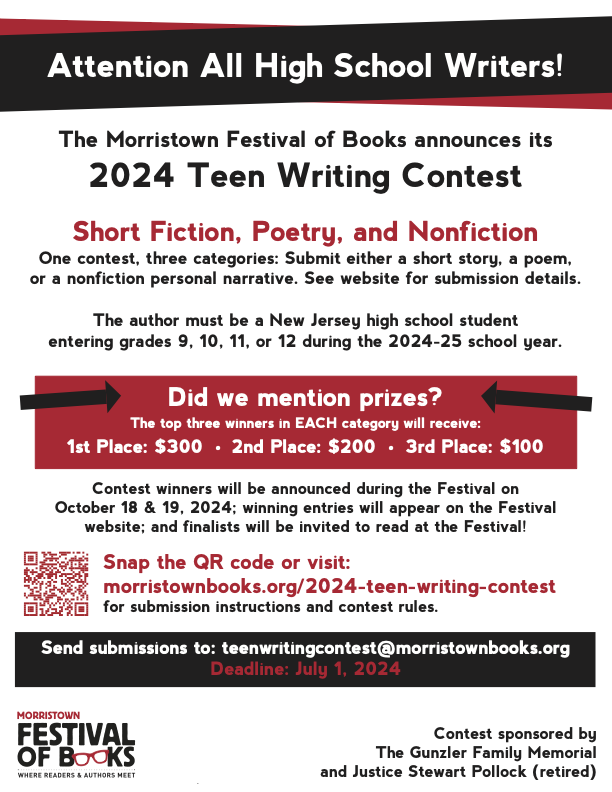 Listen up TWC tweens and teens! Check out the Morristown Festival of Books 2024 Teen Writing Contest! Must be in grades 9 - 12 during the 2024-25 school year to qualify! #writingcontest #teenwriters #amwriting #thewriterscircle #writersoftwitter #creativekids #imaginationstation