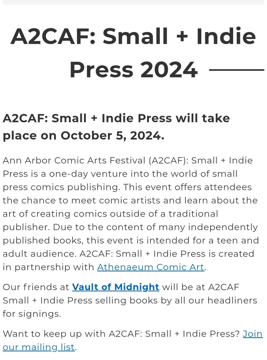 Do you want to learn more about the free A2CAF: Small and Indie event happening in gorgeous Ann Arbor, MI, on October 5th?! Join the mailing list! Link below on the @aadl website. Oh and do me a favor, if you had a great time last year, please share this post!
