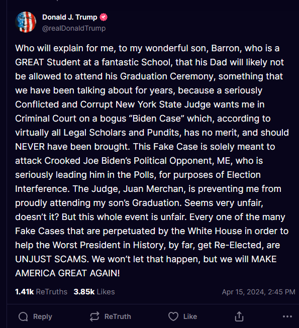 I remember when kids were off-limits. And yet here we are, watching the defendant himself dragging his son into his public scandal all on his own — lying about what the judge actually said. Yes, Donald. I wonder, too. Who WILL explain to Barron what you've done? #DemVoice1