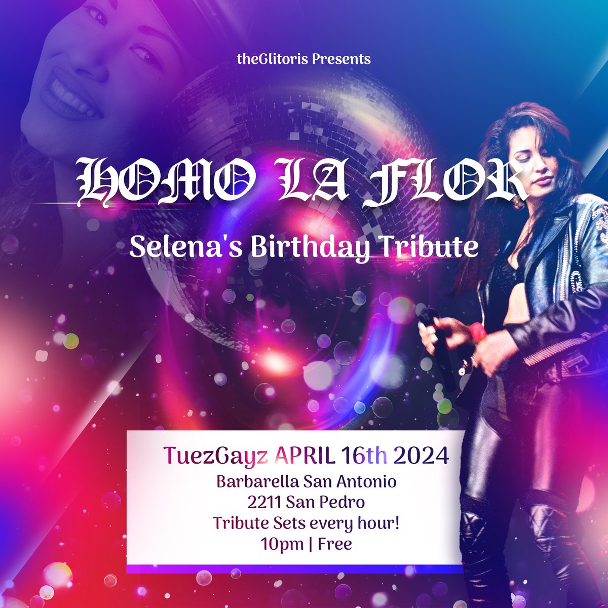 TuezGayz's tweet photo. Tomorrow Night! Homo La Flor, celebrating Selena’s Birthday. Tributes every hour on the hour 🚀 https://t.co/0YzsmWRIGv