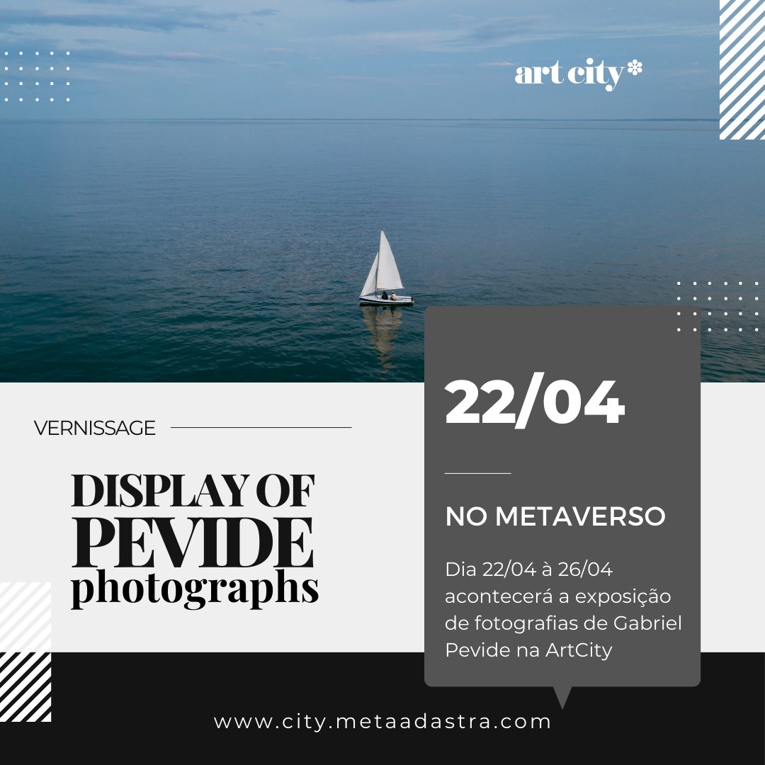 Nos dias 22/04 à 26/04 acontecerá a exposição de fotografias do @pevidex na ArtCity. A Vernissage e o talk, acontecerá no dia 22/04 às 20:30 no @Filoversando Ative aqui o lembrete: metaadastra.com/evento/display…