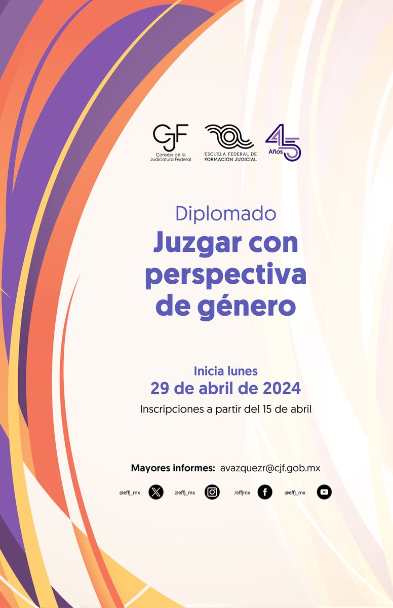 Invitamos a personas magistradas, juezas y secretarias de órganos jurisdiccionales del #PJF al diplomado:

🟣 Juzgar con #PerspectivadeGénero 

Convocatoria: cutt.ly/fw7GMiQp

Inscripciones: escuelajudicial.cjf.gob.mx