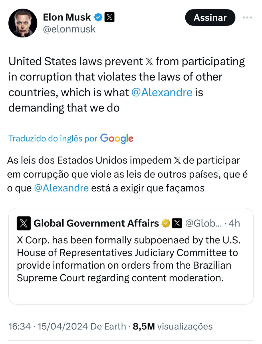 Nuuuuuu! “As leis dos Estados Unidos impedem 𝕏 de participar em corrupção que viole as leis de outros países, que é o que @Alexandre está a exigir que façamos.” MUSK, Elon. April, 15. 🫣