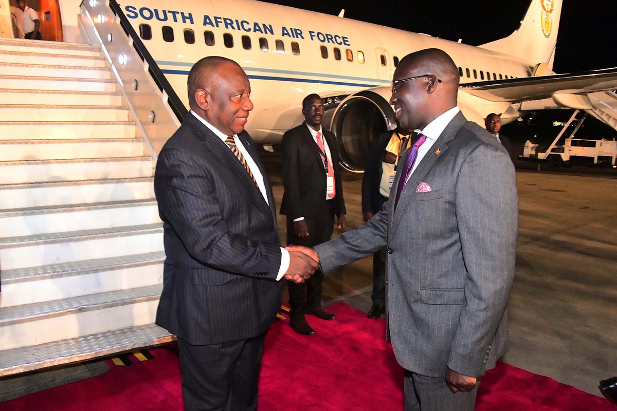 South African President Cyril Ramaphosa arrived in Uganda on Monday evening.