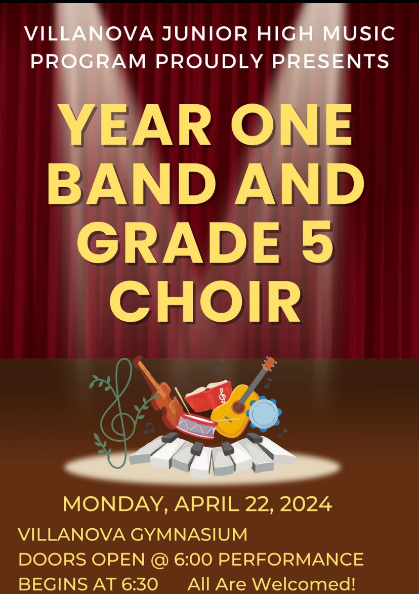 The Music Department @VillanovaSchool is so excited to present our grade 5 choir and year one band! Emails have been sent home to all choir and band student families involved. If you have not received information and your child is involved, please reach out. 🎶🎶🎶