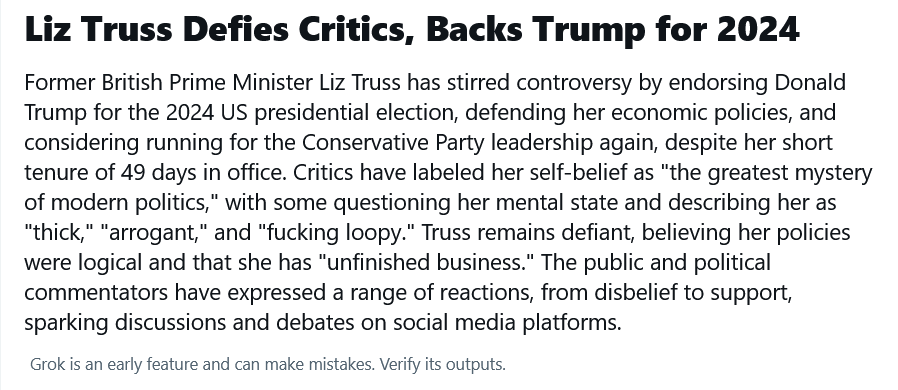 Elon Musk's Grok AI manages to sum up Liz Truss perfectly.