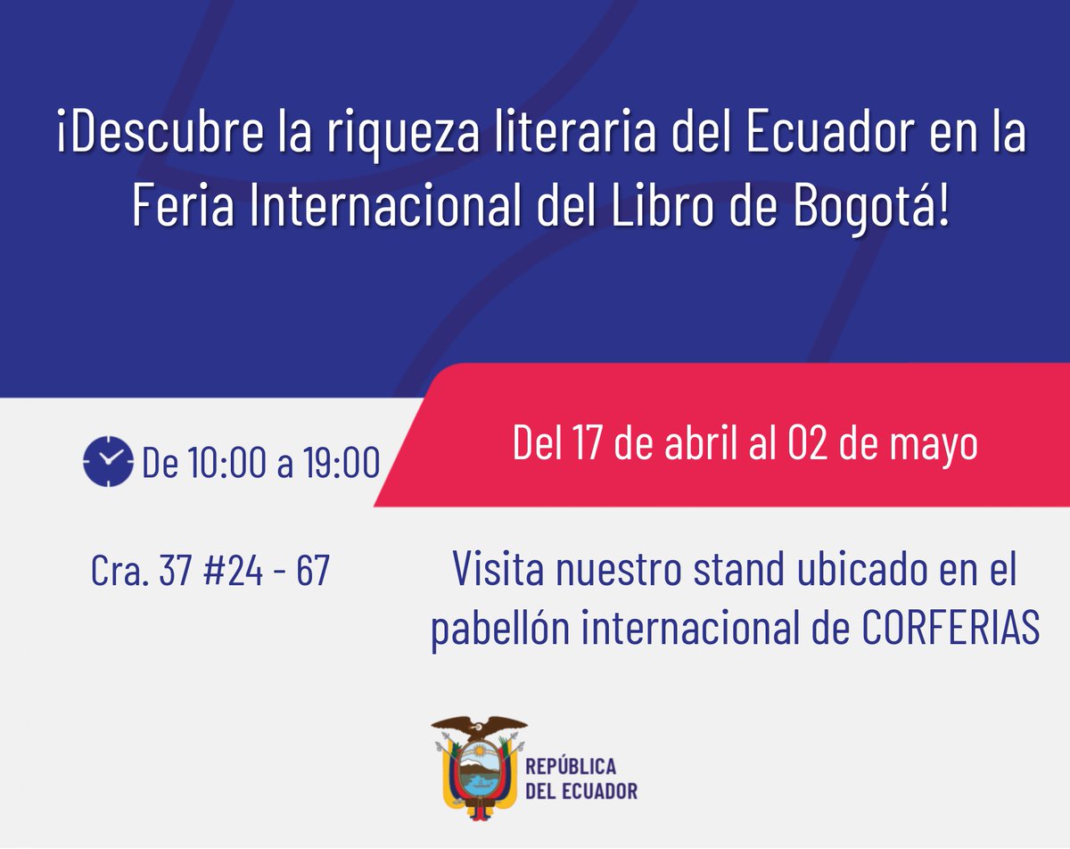 Descubre la diversidad de la literatura ecuatoriana en nuestro stand en la FILBo. Explora diferentes editoriales, conoce nuevos autores y sumérgete en historias que enriquecerán tu mundo literario. ¡Te esperamos! 📚🇪🇨 #FILBo2024 
Más información: 👇
acortar.link/p4j8er