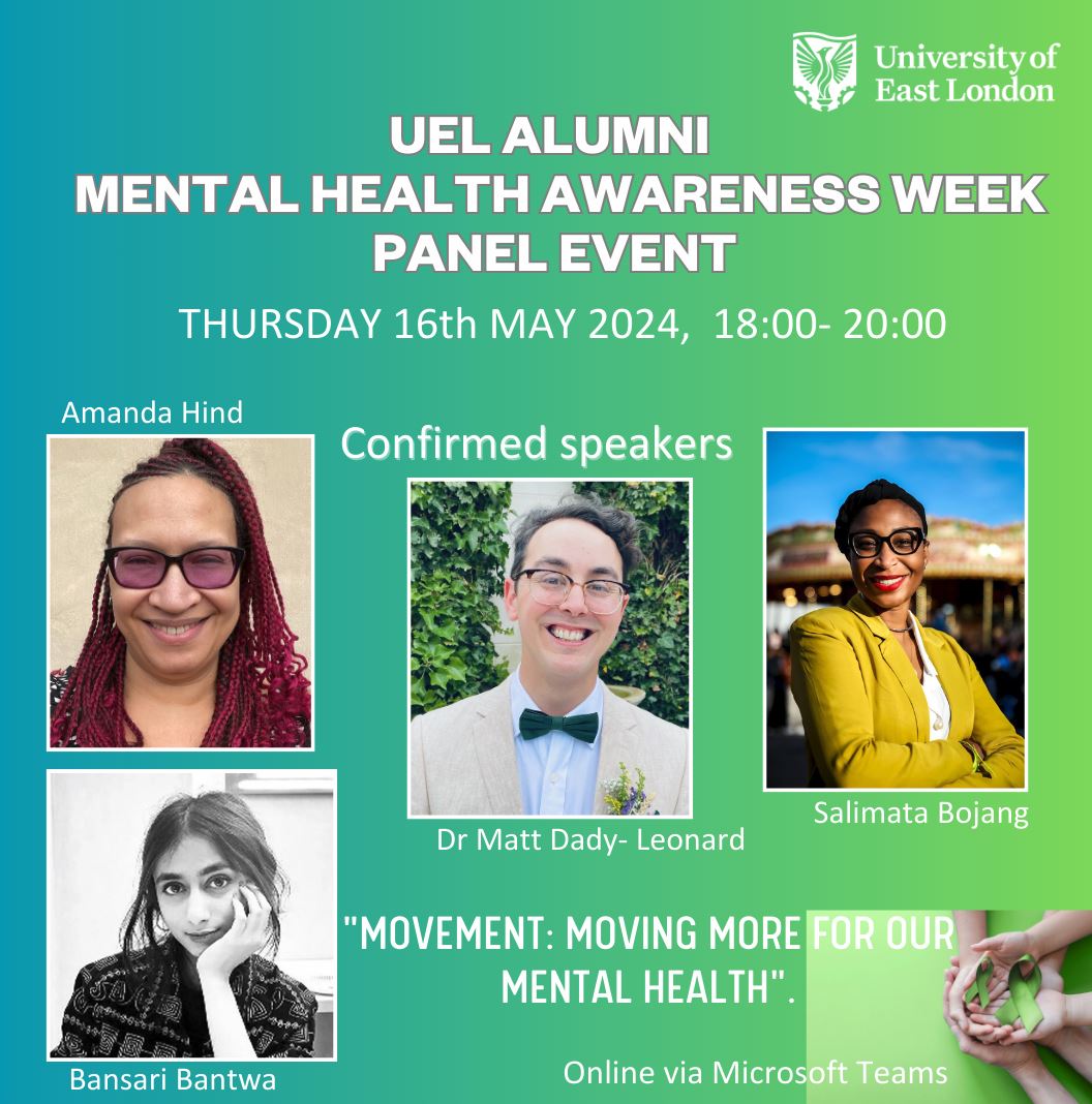 🎉 The countdown is on! Our Mental Health Awareness Week Panel Event is happening on Thursday 16th May between 6-8pm. Be part of the conversation with inspiring alumni like Amanda Hind & Bansari Batwa. Register today: bit.ly/3JgiR69 👈 #MentalHealth #Movement