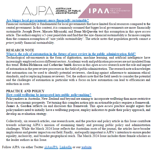 📣🆕Vol 83(1) is out❗️ March 2024 Issue includes 6⃣ #ResearchArticles, 1⃣ #ResearchNote & 1⃣ #PracticeandPolicy article The Issue reflects the 🇦🇺 (@IPAAorg) roots of @AusJPA with broader implications and a greater geographical impact in our field👇 onlinelibrary.wiley.com/toc/14678500/2…