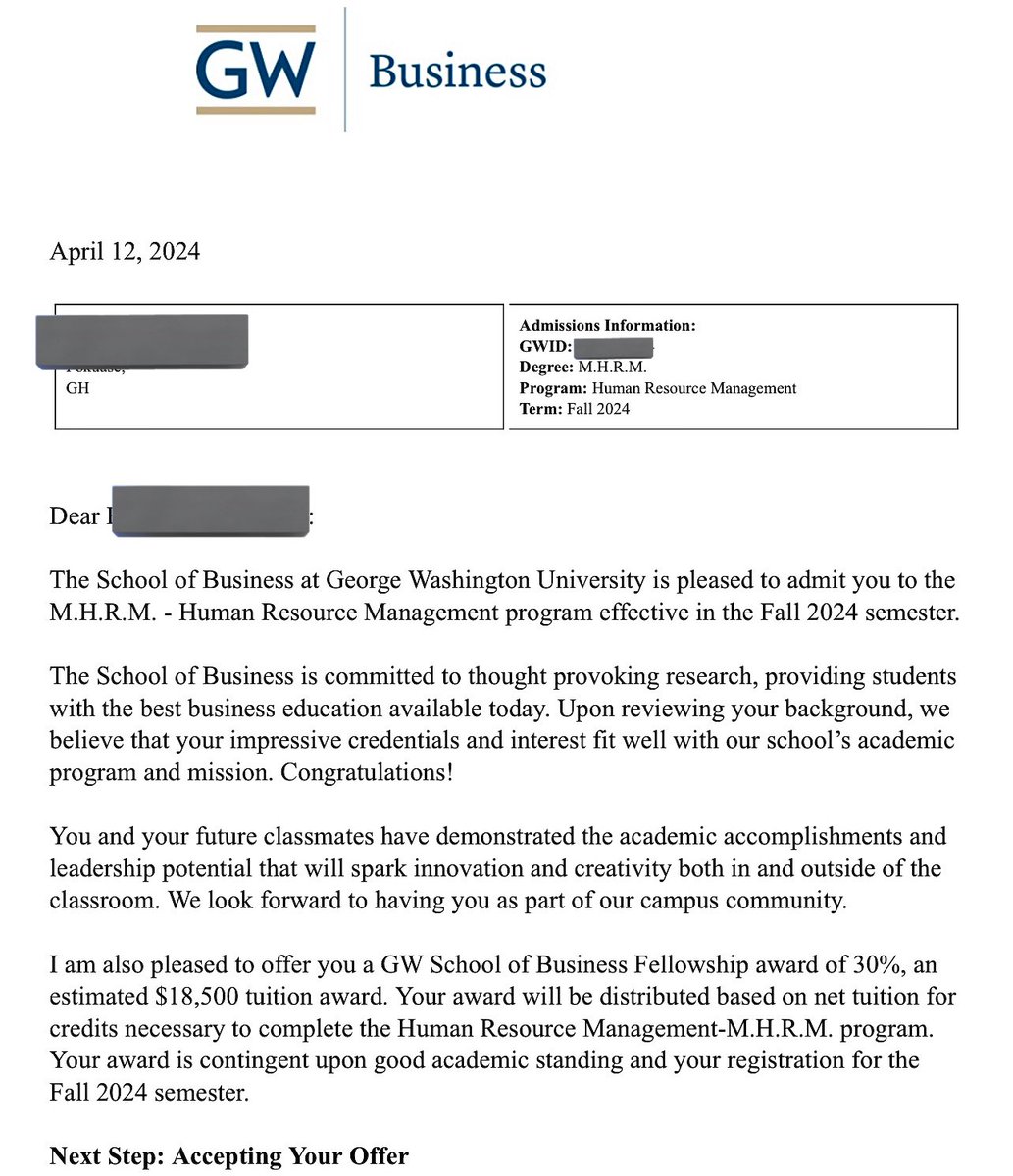 Masters in Human Resource Management at The George Washington School Of Business 🎉🎉🎉 30% Business School Fellowship Awarded for the entire duration of the program. Ps: If HR is of interest to you, scout MBA with concentrations in HR or Organizational Psychology.…