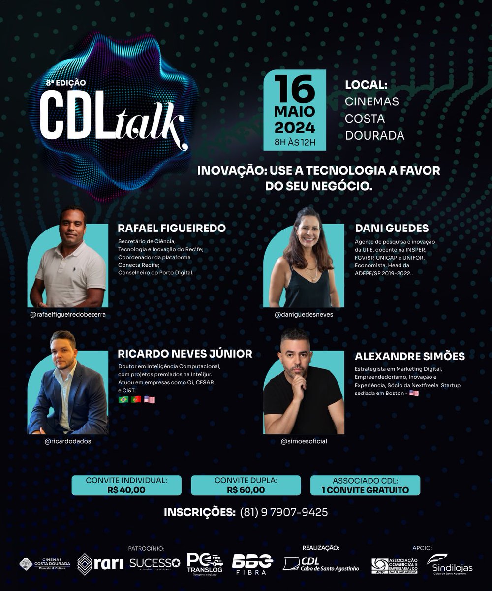 cdlcabo's tweet photo. CDL TALK INOVAÇÃO: USE A TECNOLOGIA A FAVOR DO SEU NEGÓCIO.

Esta será a 8ª Edição do CDL TALK, uma iniciativa da CDL Cabo, em prol do aperfeiçoamento empreendedor da classe empresarial cabense. https://t.co/PpEskx6XGW
