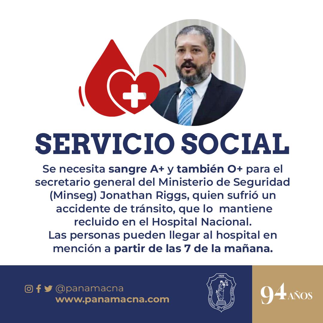 📍Servicio Social Se necesita sangre A+ y también O+ para el Sec. General del Minseg, Jonathan Riggs. Acudir al Hospital Nacional a partir de las 7:00. a.m.