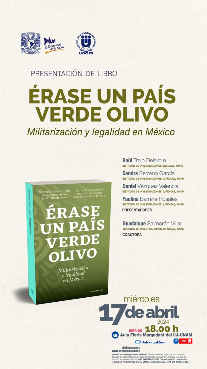 ✨✨YA ES MAÑANA✨✨ la presentación de nuestro libro 📗 'Érase un país verde olivo' de @garza_onofre,@jmartinreyes, @MarvanMaria, @slayllon, #PedroSalazar y yo en @IIJUNAM 📆17 de abril ⏰18h, FlorisMargadant comentan: 🟢@ciberfan 🟢@slserrano 🟢@LDVazquezV 🟢@Paubarreraro