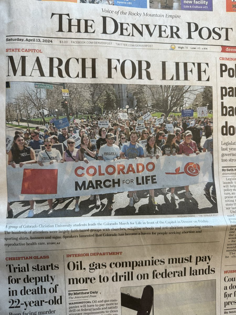 So glad to see Colorado Christian University on the front page of the Denver Post for their leadership in the Denver March for Life this past weekend. @March_for_Life @erichogue 
#ProLifeU #LoveThemBoth #ProLifeGeneration