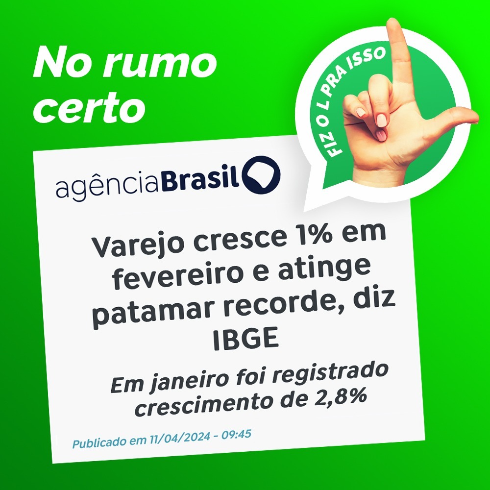 *_🏆RECORDE NA VENDA DO VAREJO_* 👏🏽 _É o Brasil no rumo certo, gente: em fevereiro, o volume de vendas do comércio varejista cresceu 1% no país, segundo o IBGE_ _🚀Essa é a segunda alta consecutiva e o setor atingiu o maior patamar da série histórica_