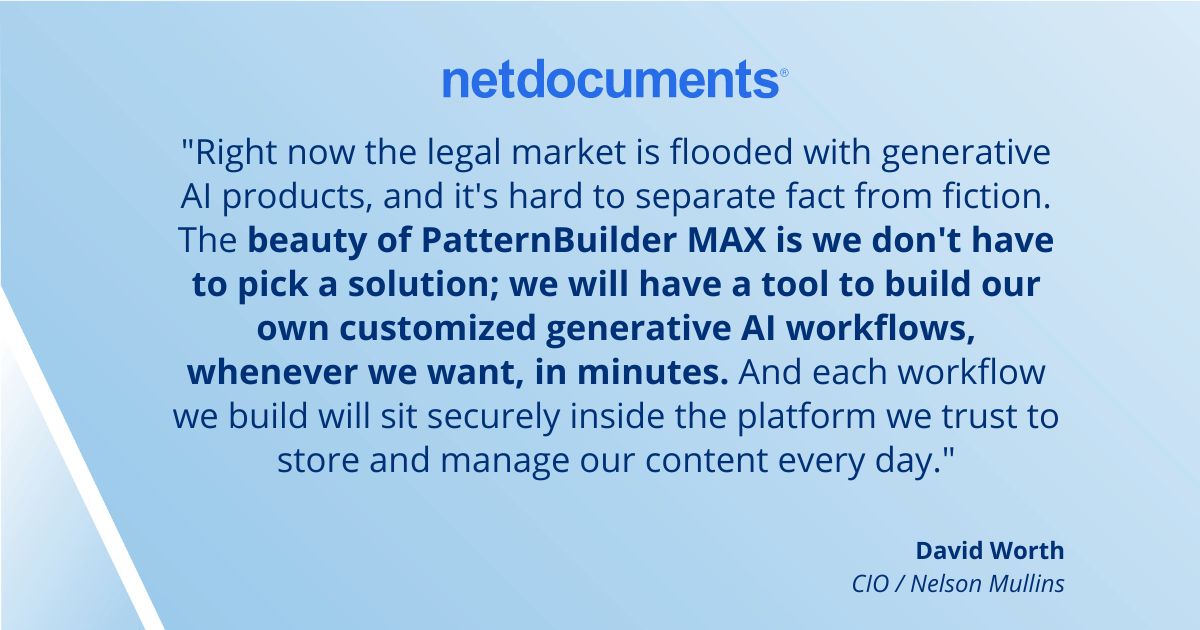 netdocuments's tweet photo. 📢 @imlalegal attendees — There’s still time to come by &amp; see how legal teams just like yours are leveraging #AI responsible with #PatternBuilderMAX. Want to see it in action? Stop by booth #9 for a personalized demo before you go! #IMLA #LegalTech #GenAI #DMS #ECM #ndMAX https://t.co/YCCTTbH6cP