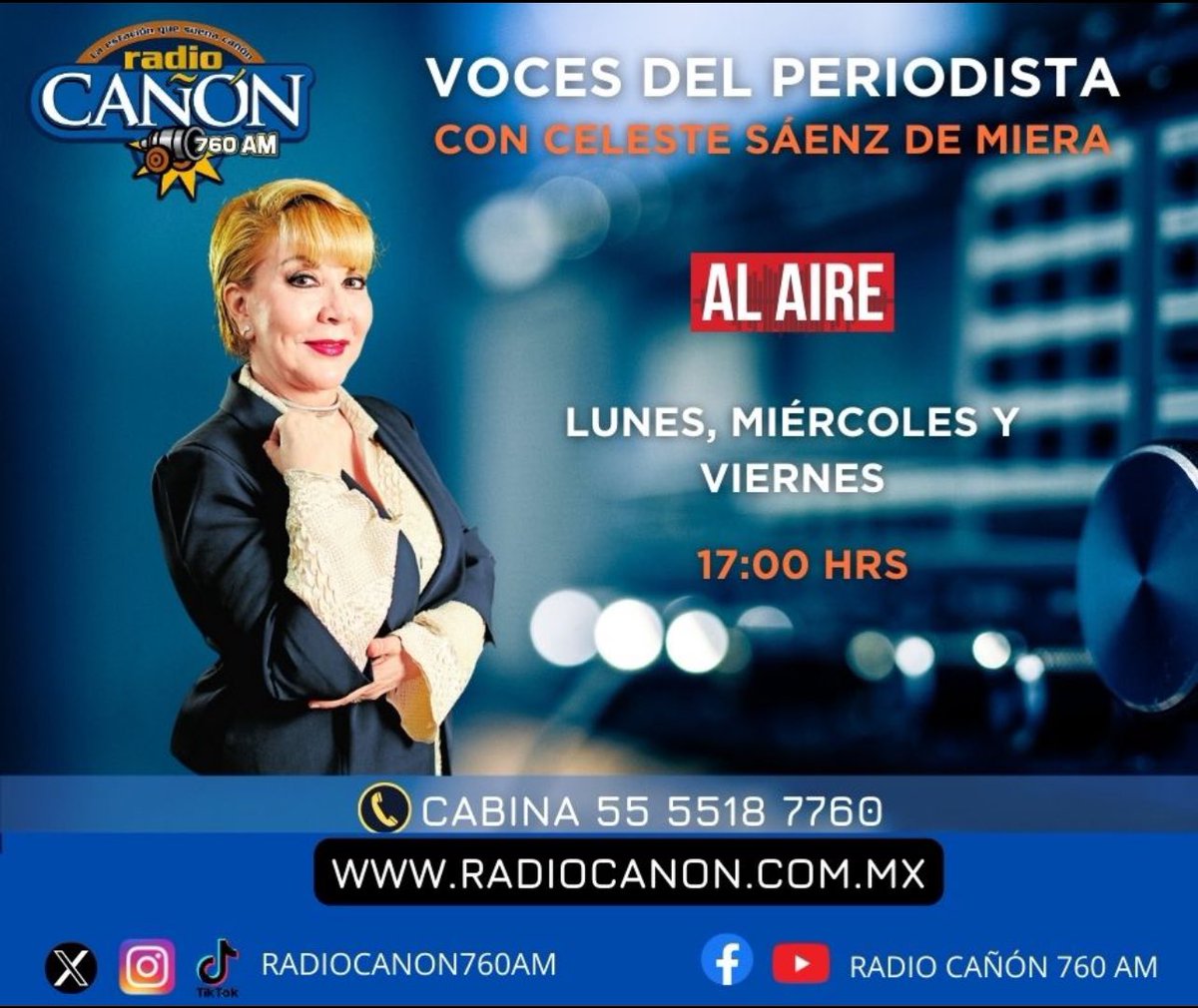 PROGRAMA 📻 y 💻📱
#VocesDelPeriodista nacional e internacional. HOY <a href="/CelesteSaenzM/">Celeste Sáenz</a> <a href="/MourisSalloum/">MourisSalloumGeorge</a> en @radiocanon760AM 📻 radiocanon.com.mx 👈🏼LINKS EN VIVO 👇🏼
emisoras.com.mx/canon-760/ <a href="/franciskiux/">francisca saavedra</a> <a href="/Jbautistarojo/">Jbautista</a> <a href="/verdadinvicta1/">Diego Pappalardo</a> <a href="/GuillermoRocaf1/">Guillermo Rocafort</a>  17:30 <a href="/fisgonmonero/">Rafael Barajas</a> 👌🏼