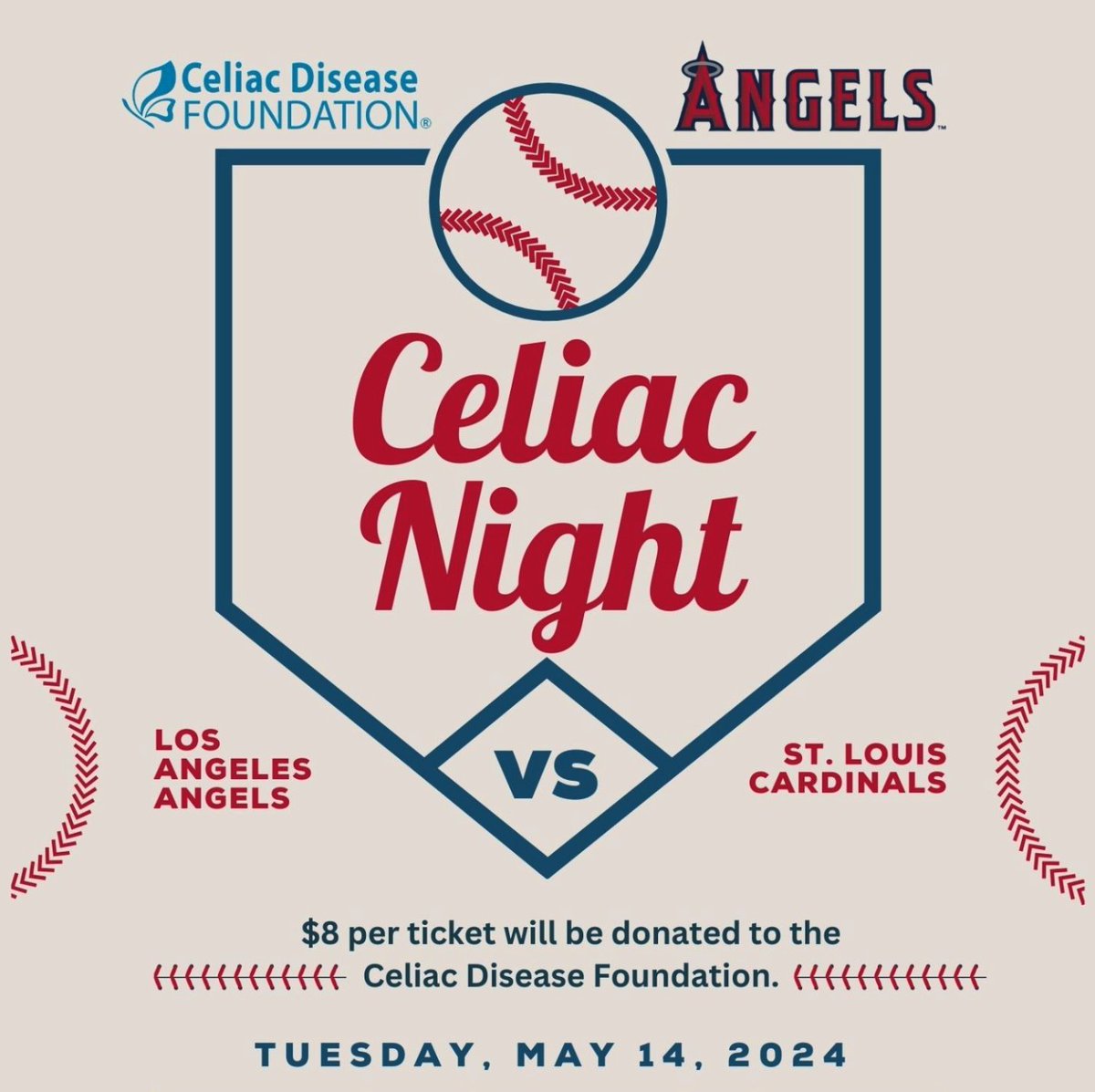 #Baseball fans: Come enjoy a night out for a good cause! On Tuesday, May 14, the Los Angeles @Angels take on the St. Louis @Cardinals at Angel Stadium in Anaheim, California. For each ticket purchased, $8 will be donated to @CeliacDotOrg. fevo-enterprise.com/event/Celiacdi… #mlb #baseball