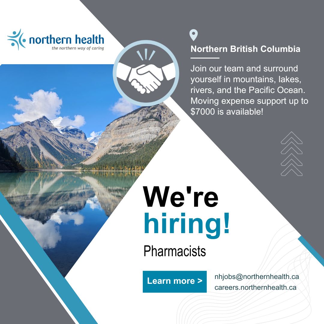 Pharmacists wanted! 🧪💊 Ditch the gridlocks and traffic for more time back in your day and space to grow! With new facilities opening, and up to $7000 in moving expense support, there’s never been a better time to join the Northern Health team! jobs.northernhealth.ca/JobSearch/s-ph…