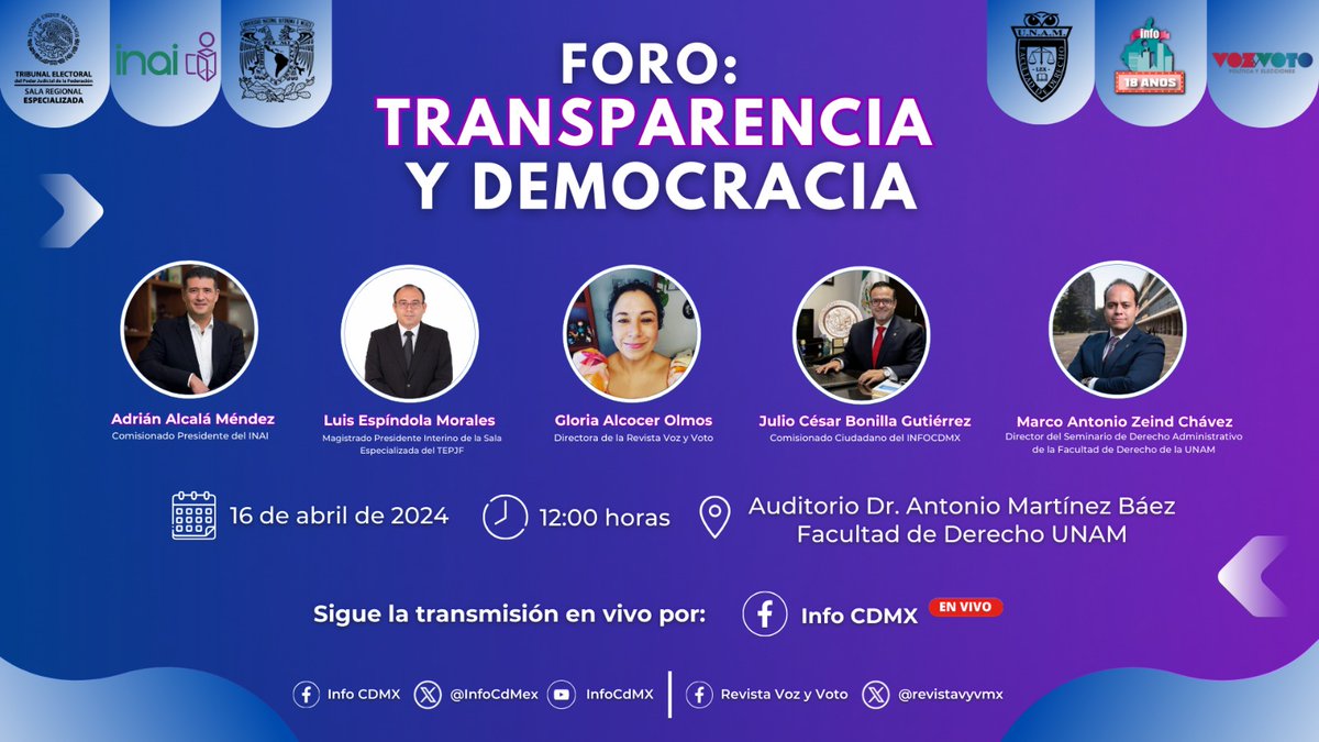 Es mañana  🗓️ 16 de abril  🕛 12:00 horas.
📍 Auditorio Dr. Antonio Martínez Báez de la #FacultadDeDerecho de la #UNAM. 
👉 Foro 'Transparencia y Democracia'
👥 @luisespindolam, @JulioCBonillaG, @AdrianAlcala75,@antoniozeind
¿Nos acompañas? Es un #Imperdible