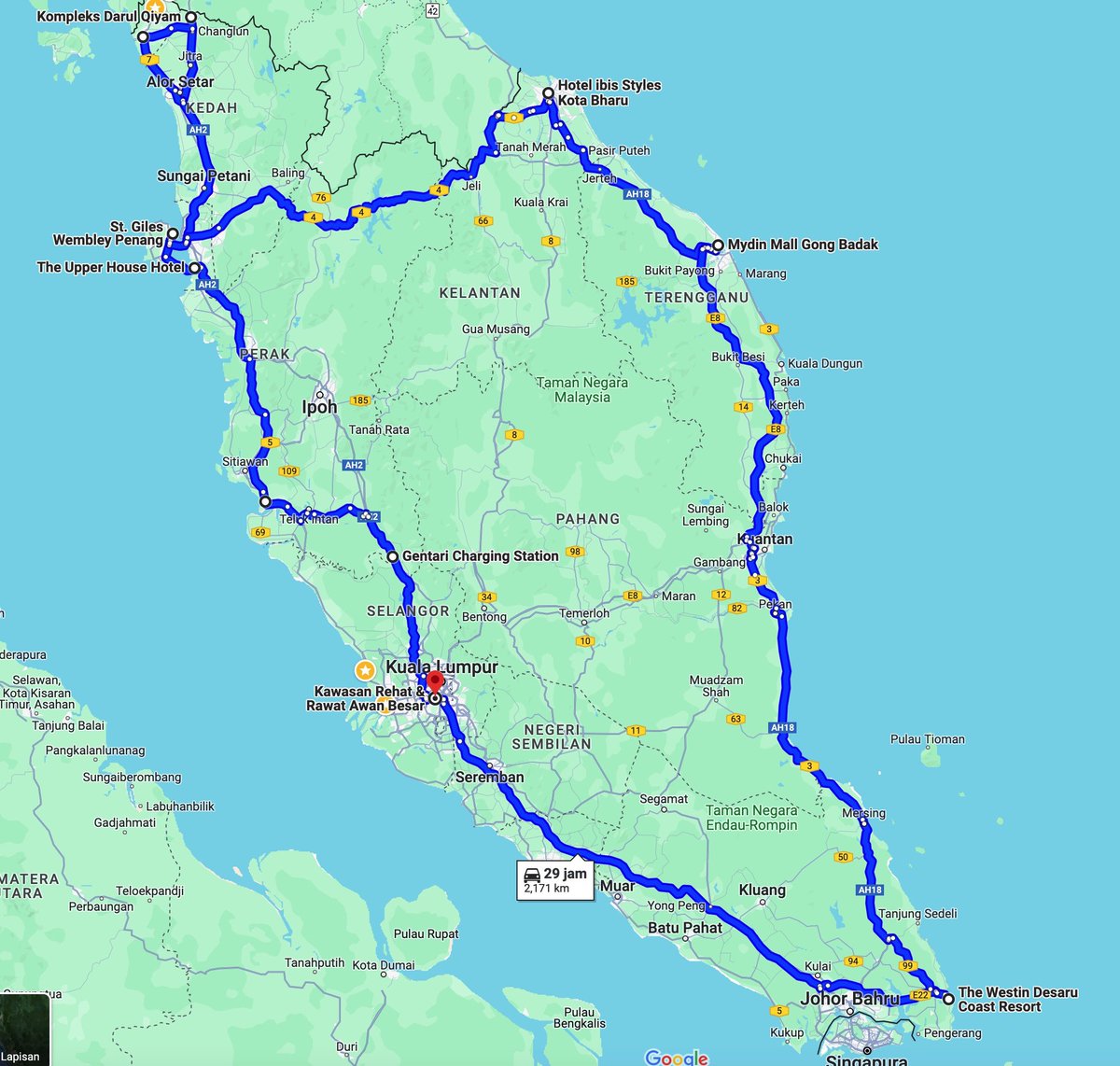 tekong's tweet photo. Malam tadi aku dah lengkapkan satu impian lepas SPM - nak pusing semenanjung. 

⚡️Smart #1 Premium - Range 440km

Rabu > Isnin, mula/tamat= Awan Besar

Jarak: 2345.1km
Kos pengecasan: RM 351.79 (termasuk sesi cas free)
Guna bateri = 482kWh
Kos per kWh = 0.72 sen
Avg 15.7/100kWh https://t.co/iQIXZwXVFw